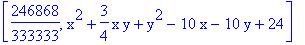 [246868/333333, x^2+3/4*x*y+y^2-10*x-10*y+24]